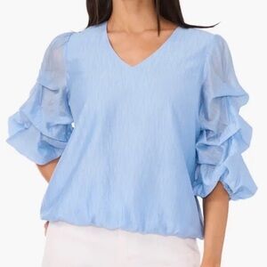 Vince Camuto Women’s Metallic Slub Bubble Sleeve Top Sky Size L